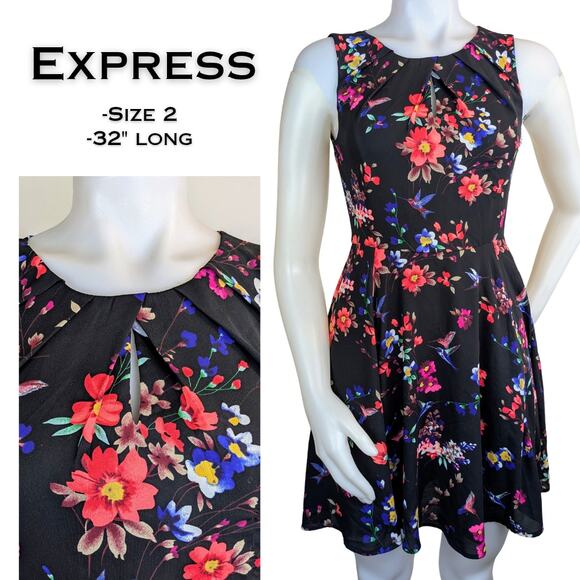 Express Fit & Flare Sleeveless Black & Bright Floral Minidress Keyhole Neck Sz 2 - Picture 1 of 11
